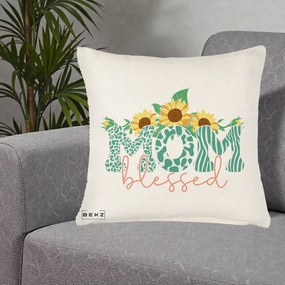 Cadou pentru Mama - Perna Personalizata Mom Blessed cu Floarea Soarelui Animal Print Teal, 40x40 cm, Crem Reliefat, Husa Detasabila, Perna Inclusa, BEKZ®