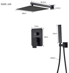 Set dus negru mat cu para patrata 30 cm si 2 functii de curgere a apei