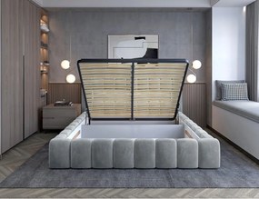 Pat matrimonial gri deschis tapițat cu spațiu de depozitare cu somieră 160x200 cm Lamica – ELTAP