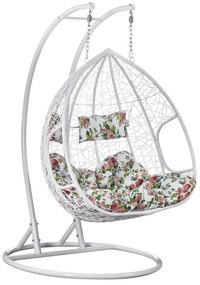 Fotoliu leagan dublu, suspendat, cu perne moi, rezistente la UV, împletitură tip răchită, structură metalică, pentru interior și exterior, Alb/Floral