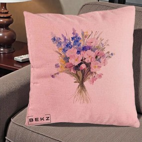 Perna Decorativa Buchet Floral Acuarela Primavara, 40x40 cm, Roz, Husa Detasabila, Perna Inclusa, BEKZ®