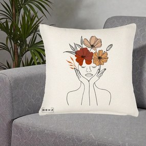 Perna Decorativa Portret Feminin Coroana Trei Flori, 40x40 cm, Crem Reliefat, Husa Detasabila, Perna Inclusa, BEKZ®