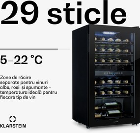 Klarstein Shiraz 29 Duo, frigider pentru vin, 2 zone, 80 l/29 sticle, 5 - 22 °C, atingere, negru