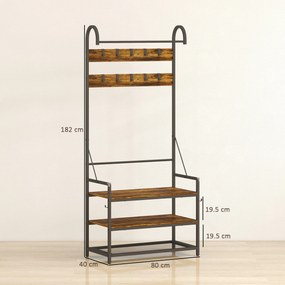HOMCOM Suport de Haine de Intrare cu Bară, 10 Cârlige Mobile, Bancă și Raft pentru Încălțăminte, Mobilier în Pal și Metal, Design Industrial, 80x40x182 cm, Maro și Negru | Aosom Romania