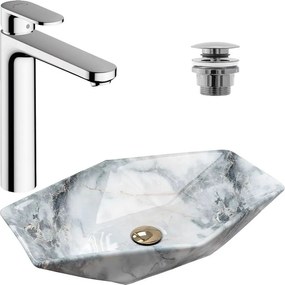 Pachet lavoar pe blat Rea Vegas granit 57 cm, baterie lavoar Hansgrohe Vernis Blend 190 crom si ventil lavoar Click-Clack crom