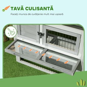 PawHut Cuib Exterior din Lemn de Brad cu Rampă, Acoperiș Rabatabil Impermeabil, Sertar Detașabil, Cuib pentru Iepuri, Animale Mici, Gri Deschis | Aosom Romania