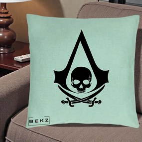 Perna Personalizata Assassin's Creed Black Flag Skull, 40x40 cm, Verde Menta, Husa Detasabila, Perna Inclusa, BEKZ®