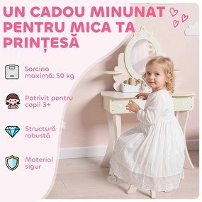 AIYAPLAY Set Masă de Toaletă pentru Copii cu Oglindă și Scaunel, 7 Accesorii de Joc, Sertar, Depozitare pe Birou, Roz | Aosom Romania