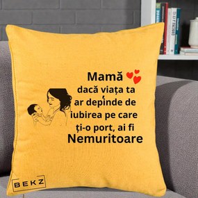 Cadou pentru Mama - Perna Personalizata Mama Nemuritoare Imbratisare Copil, 40x40 cm, Galben, Husa Detasabila, Perna Inclusa, BEKZ®