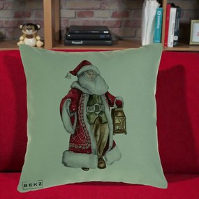 Perna Decorativa Mos Craciun Vintage cu Felinar, 40x40 cm, Verde, Husa Detasabila, Perna Inclusa, BEKZ®