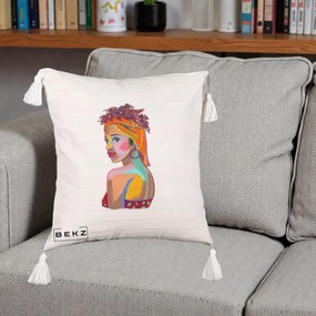 Perna Decorativa Portret Femeie Colorat Pop Art, 40x40 cm, Bej cu Franjuri, Husa Detasabila, Perna Inclusa, BEKZ®
