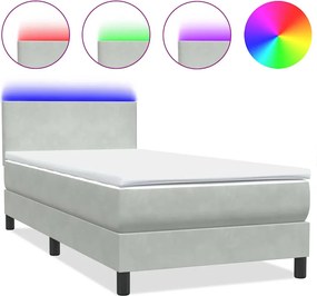 vidaXL Pat cu arcuri cu saltea și LED, gri deschis, 90x220 cm, catifea