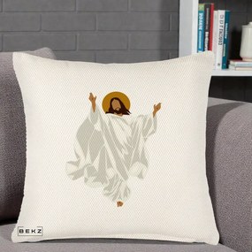 Perna Decorativa Iisus Hristos Invierea Silueta Minimalista, 40x40 cm, Crem Reliefat, Husa Detasabila, Perna Inclusa, BEKZ®