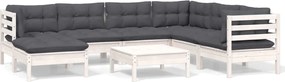 vidaXL Set mobilier de grădină cu perne, 8 piese, alb, lemn masiv pin