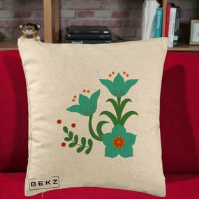 Perna Decorativa Flori Stilizate Folk Turcoaz, 40x40 cm, Bej, Husa Detasabila, Perna Inclusa, BEKZ®