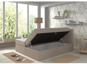 Pat tapițat EMBER 180x200 cm, bej, cu saltele, topper și spațiu de depozitare integrat