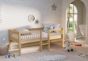 Pat Semi-Înălțat (Mid Sleeper) Forrest Oak 90x200 cm, pentru Camera Copii, din Lemn de Stejar, Natur, cu Scară și 2 Sertare – Vipack