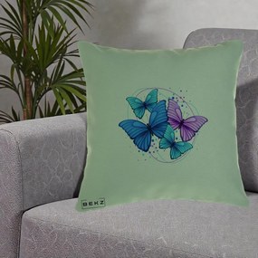 Perna Decorativa Patru Fluturi Turcoaz-Violet, 40x40 cm, Verde, Husa Detasabila, Perna Inclusa, BEKZ®