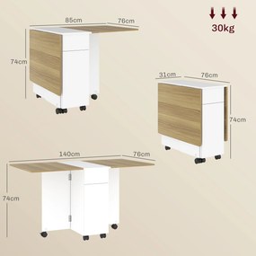 HOMCOM Masă Extensibilă pentru 6 Persoane, Masă Pliabilă cu Roți, 2 Sertare și Dulapior, 140x76x74 cm, Alb | Aosom Romania