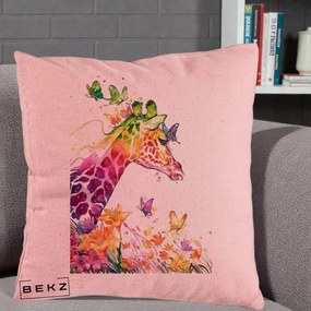 Perna Decorativa Girafa Curcubeu Acuarela, 40x40 cm, Roz, Husa Detasabila, Perna Inclusa, BEKZ®