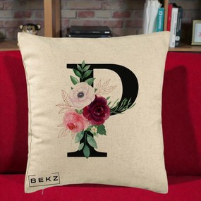 Cadou Personalizat - Perna Personalizata Monograma Florala Litera P, 40x40 cm, Bej, Husa Detasabila, Perna Inclusa, BEKZ®