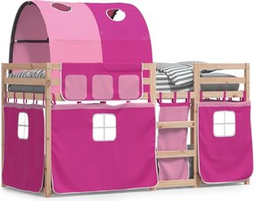 vidaXL Pat supraetajat cu perdele, roz, 75x190 cm, lemn masiv pin