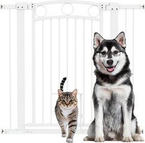 PawHut Poartă pentru animale de companie, 96 cm poartă pentru trepte, lățime reglabilă 76-104 cm, cu ușă pentru pisici, pentru scări și deschideri de uși, alb | Aosom Romania