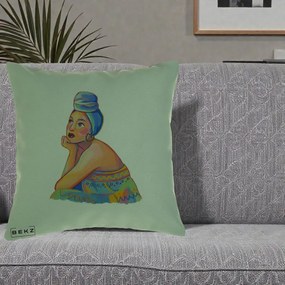 Perna Decorativa Portret Femeie Contemplativa, 40x40 cm, Verde, Husa Detasabila, Perna Inclusa, BEKZ®