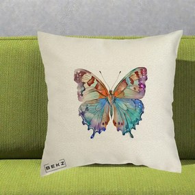 Perna Decorativa Fluture Acuarela Multicolor Portocaliu-Bleu-Mov, 40x40 cm, Ecru, Husa Detasabila, Perna Inclusa, BEKZ®