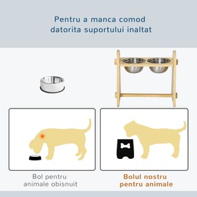 Stație de Hrănire Dublă PawHut pentru Câini, Boluri din Oțel Inoxidabil pe Suport de Lemn, Design Elegant 49x25x41cm | Aosom Romania