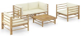 Set mobilier de gradina, 5 piese, perne alb crem, bambus Crem, 2x colt + 2x fotoliu + masa, 1