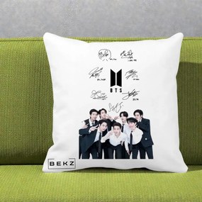 Perna Personalizata K-pop BTS Autografe Toti Membrii cu Fotografie, 40x40 cm, Alba Mata, Husa Detasabila, Perna Inclusa, BEKZ®