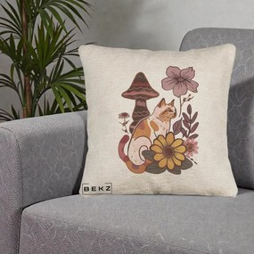 Perna Decorativa Pisica Vintage Florala Boho, 40x40 cm, Bej Canapea, Husa Detasabila, Perna Inclusa, BEKZ®