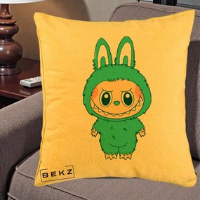Perna Personalizata Labubu Turcoaz, 40x40 cm, Galben, Husa Detasabila, Perna Inclusa, BEKZ®
