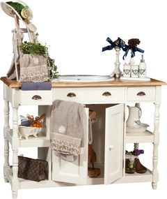 Mobilier de baie din lemn masiv, lavoar ceramica , alb antichizat  natur, L128x54xH92 cm