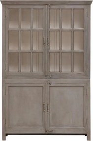Vitrină clasică din lemn masiv de mango cu 4 uși vitrate și rafturi, finisaj gri antichizat, 135×42×204 cm, „Cheverny"