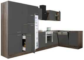 Mobilă de bucătărie de colț Yorki 370, corp stejar Yorki, față antracit satinat, element cuptor inferior, dulap cu rafturi, frigider congelator superior