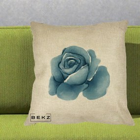 Perna Decorativa Trandafir Albastru Acuarela, 40x40 cm, Crem, Husa Detasabila, Perna Inclusa, BEKZ®