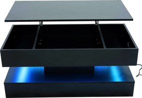 Masă de cafea modernă cu iluminare LED și spațiu de depozitare ascuns, măsuță laterală cu sistem hidraulic de ridicare, 100x50x42 cm, Negru