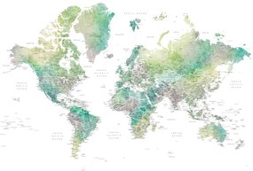 Harta Watercolor world map with cities in muted green, Oriole, Blursbyai