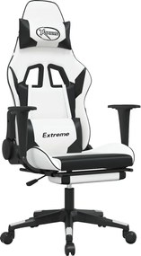 vidaXL Scaun de gaming cu suport picioare, alb/negru, piele ecologică