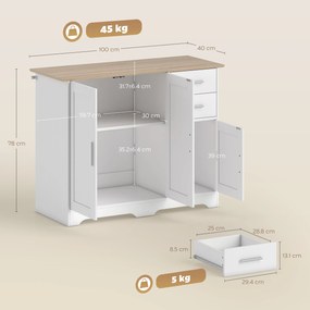 HOMCOM Comodă Modernă din Lemn cu 2 Sertare și 2 Dulapuri, 100x40x78 cm, Alb și Culoare Lemn | Aosom Romania
