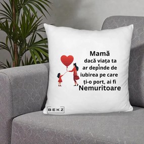Cadou pentru Mama - Perna Personalizata Mama Nemuritoare cu Bebelus Kawaii, 40x40 cm, Alb Pufos, Husa Detasabila, Perna Inclusa, BEKZ®