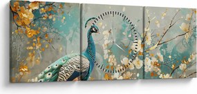 Tablou - Păun cu decor de aur (cu ceas) (90x30 cm)