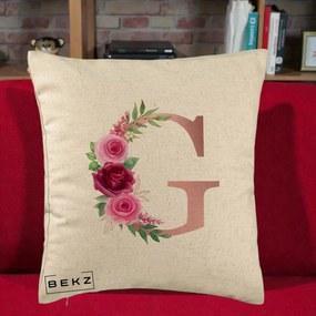 Cadou Personalizat - Perna Personalizata Monograma Rose Gold Litera G, 40x40 cm, Bej, Husa Detasabila, Perna Inclusa, BEKZ®