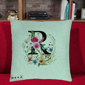 Cadou Personalizat - Perna Personalizata Monogram Litera R cu Flori Acuarela, 40x40 cm, Verde Menta, Husa Detasabila, Perna Inclusa, BEKZ®