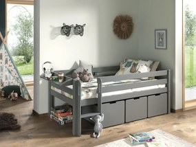Dormitor Pino GRI 90x200 cm – Confort și ordine cu scară, 3 sertare &amp; raft suspendat | Gama PINO