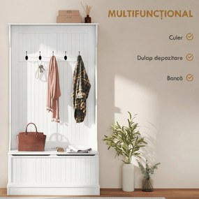 HOMCOM Cuier de Podea cu Bancă pentru Pantofi și 5 Cârlige, MDF, 96L x 34I x 179,7Î cm, Crem | Aosom Romania