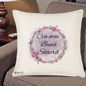 Cadou pentru Soacra - Perna Personalizata Cea mai Buna Soacra cu Coronita Flori Roz si Mov, 40x40 cm, Crem Reliefat, Husa Detasabila, Perna Inclusa, BEKZ®