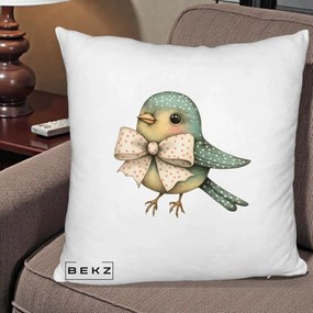 Perna Decorativa Pasare Teal cu Fundita cu Buline, 40x40 cm, Alb Pufos, Husa Detasabila, Perna Inclusa, BEKZ®